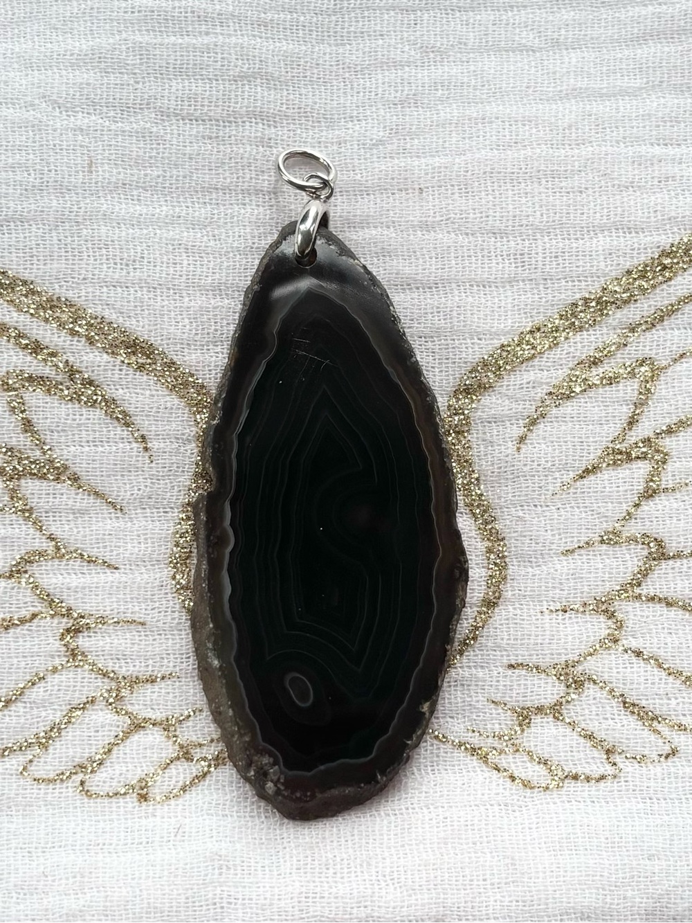 Black Agate Teardrop Slice Pendant Necklace - Sterling Bail